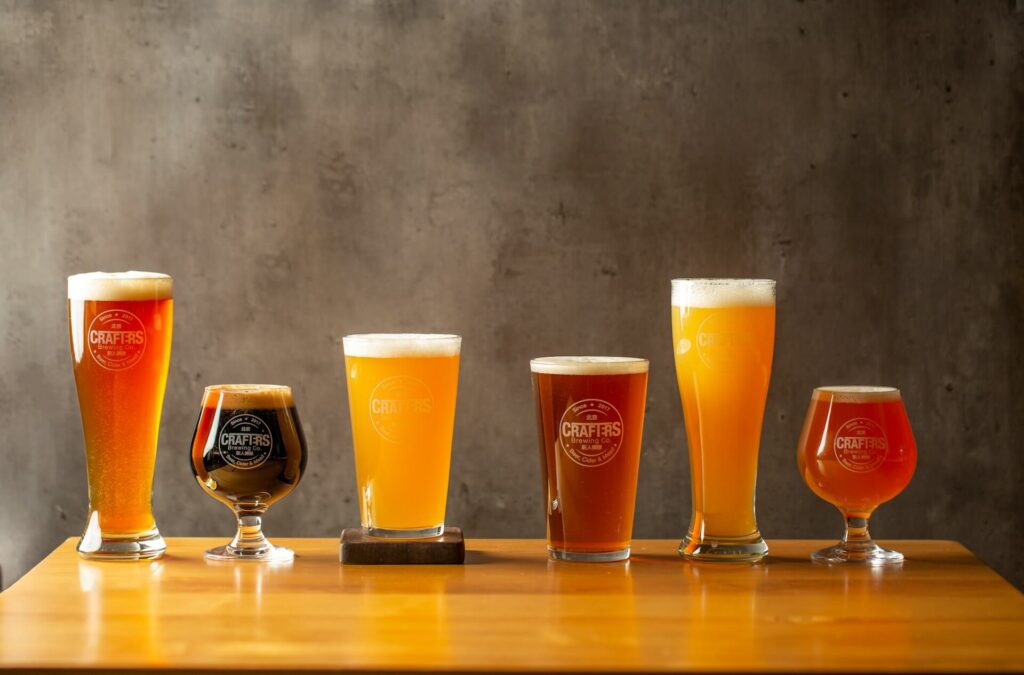 Different types of craft beers brewed by a microbrewery